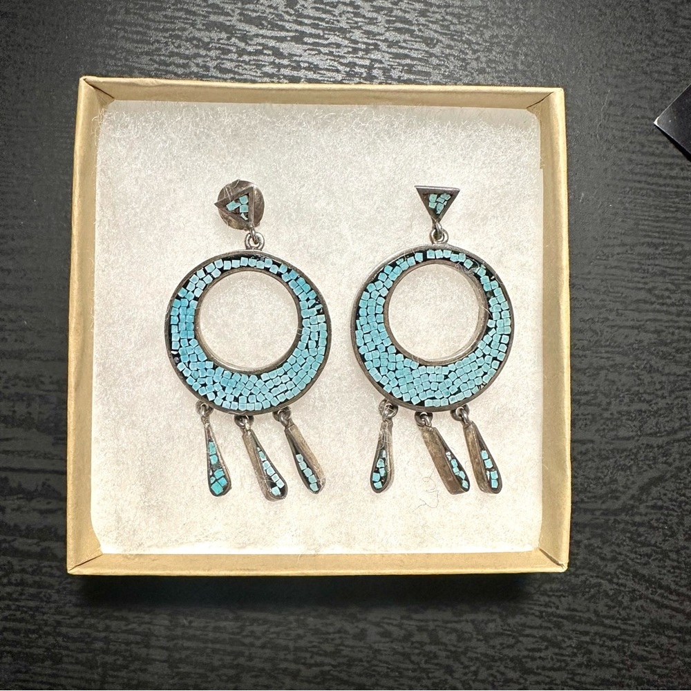 Vintage Mexican 925 Sterling silver and turquoise dangle pierced earrings